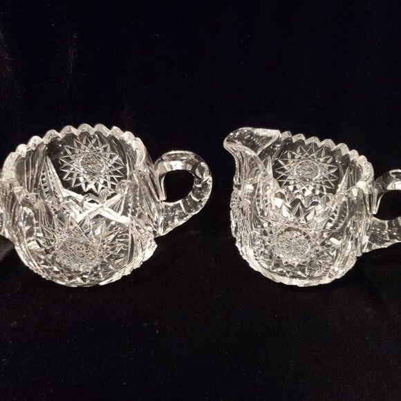 L@@K Vintage Creamer and Sugar Set Cut Glass Heavy Crystal Set Sawtooth Edge - Picture 1 of 8